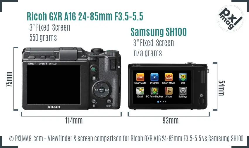 Ricoh GXR A16 24-85mm F3.5-5.5 vs Samsung SH100 Screen and Viewfinder comparison