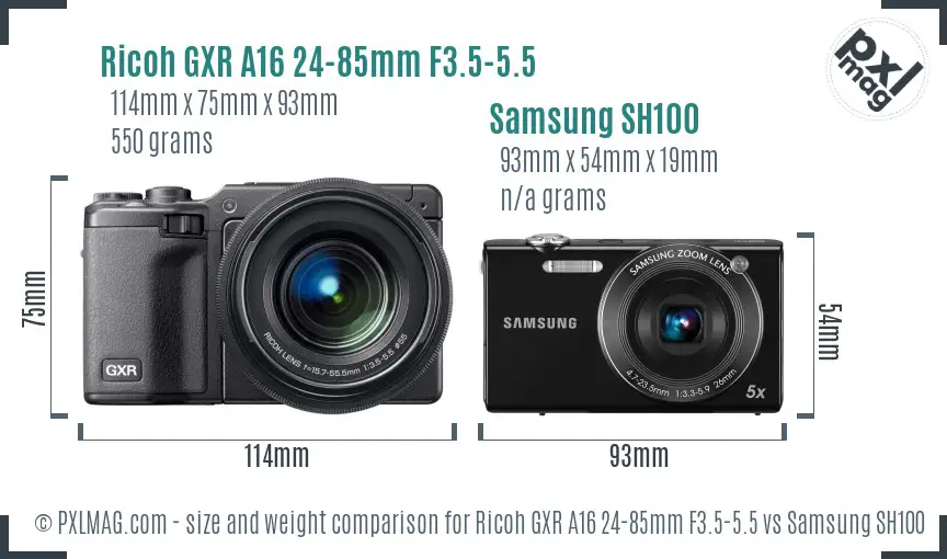 Ricoh GXR A16 24-85mm F3.5-5.5 vs Samsung SH100 size comparison