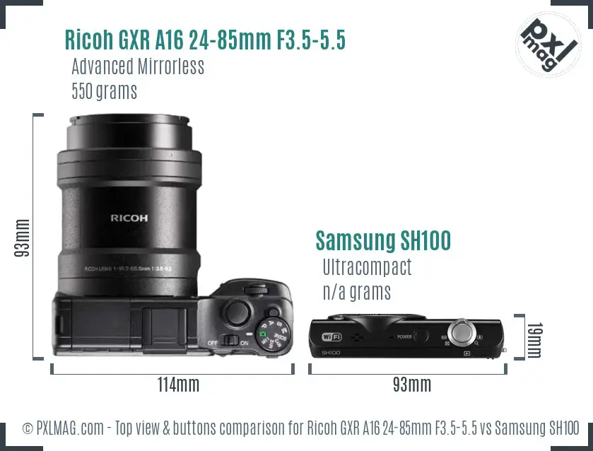 Ricoh GXR A16 24-85mm F3.5-5.5 vs Samsung SH100 top view buttons comparison