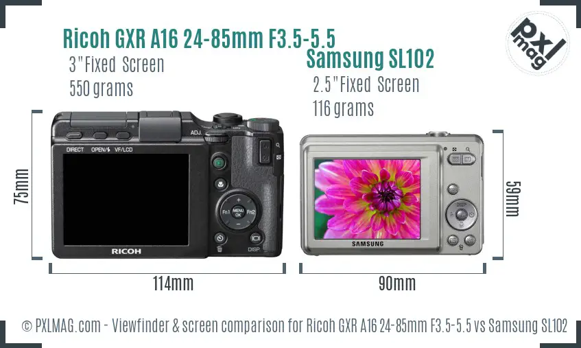 Ricoh GXR A16 24-85mm F3.5-5.5 vs Samsung SL102 Screen and Viewfinder comparison