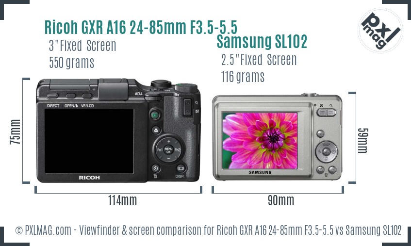 Ricoh GXR A16 24-85mm F3.5-5.5 vs Samsung SL102 Screen and Viewfinder comparison