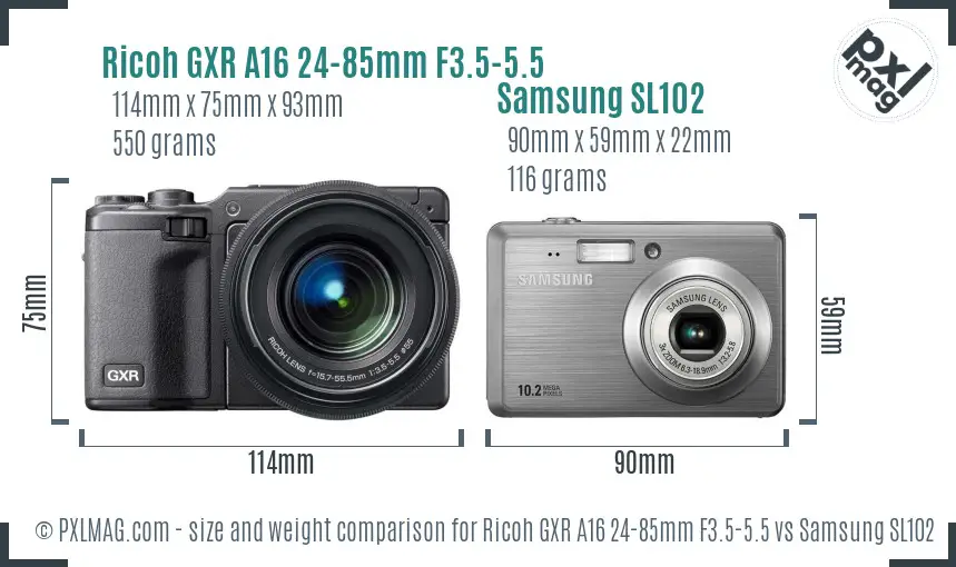 Ricoh GXR A16 24-85mm F3.5-5.5 vs Samsung SL102 size comparison