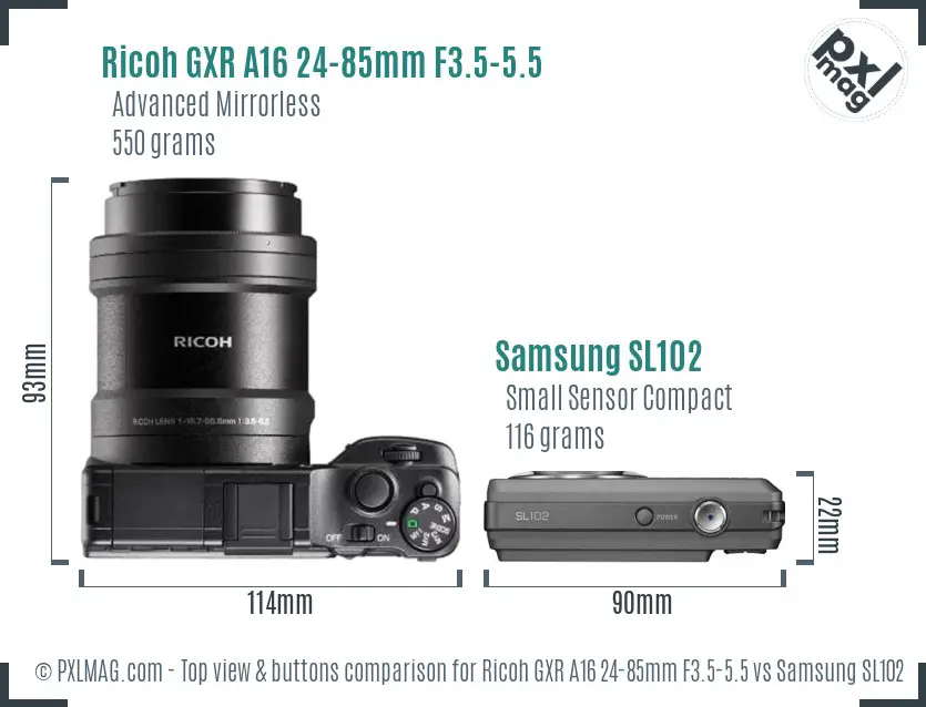 Ricoh GXR A16 24-85mm F3.5-5.5 vs Samsung SL102 top view buttons comparison