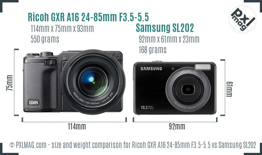 Ricoh GXR A16 24-85mm F3.5-5.5 vs Samsung SL202 size comparison