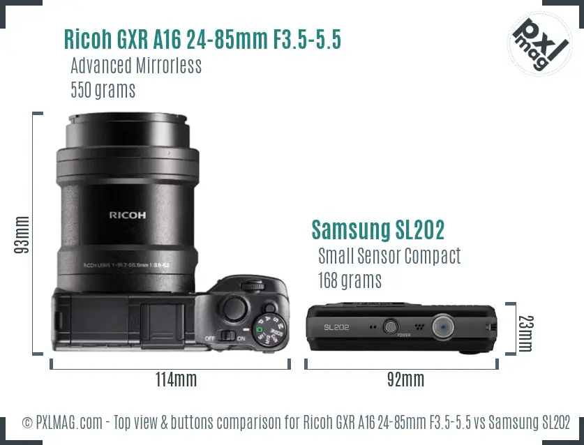 Ricoh GXR A16 24-85mm F3.5-5.5 vs Samsung SL202 top view buttons comparison