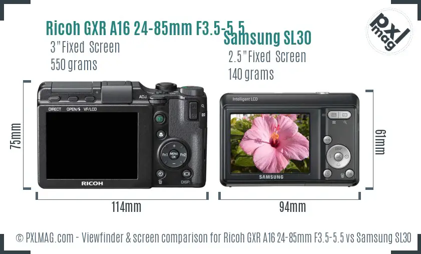 Ricoh GXR A16 24-85mm F3.5-5.5 vs Samsung SL30 Screen and Viewfinder comparison