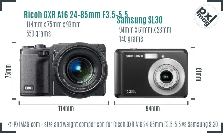 Ricoh GXR A16 24-85mm F3.5-5.5 vs Samsung SL30 size comparison