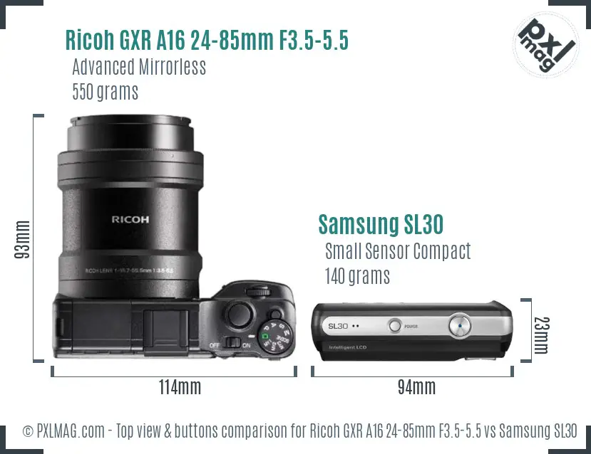 Ricoh GXR A16 24-85mm F3.5-5.5 vs Samsung SL30 top view buttons comparison