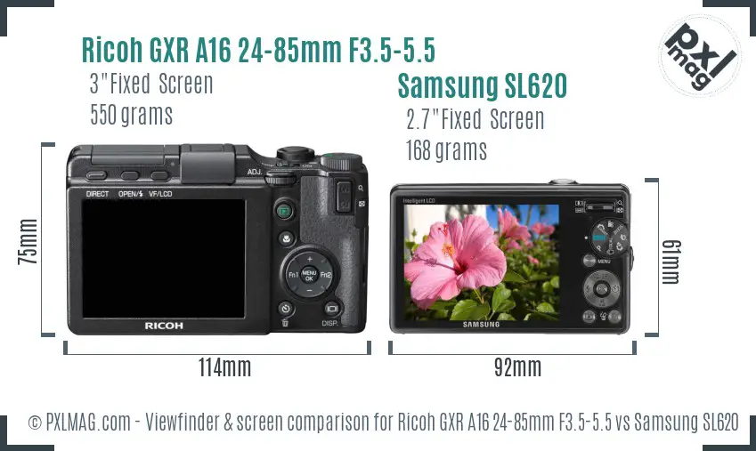 Ricoh GXR A16 24-85mm F3.5-5.5 vs Samsung SL620 Screen and Viewfinder comparison