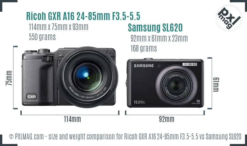 Ricoh GXR A16 24-85mm F3.5-5.5 vs Samsung SL620 size comparison