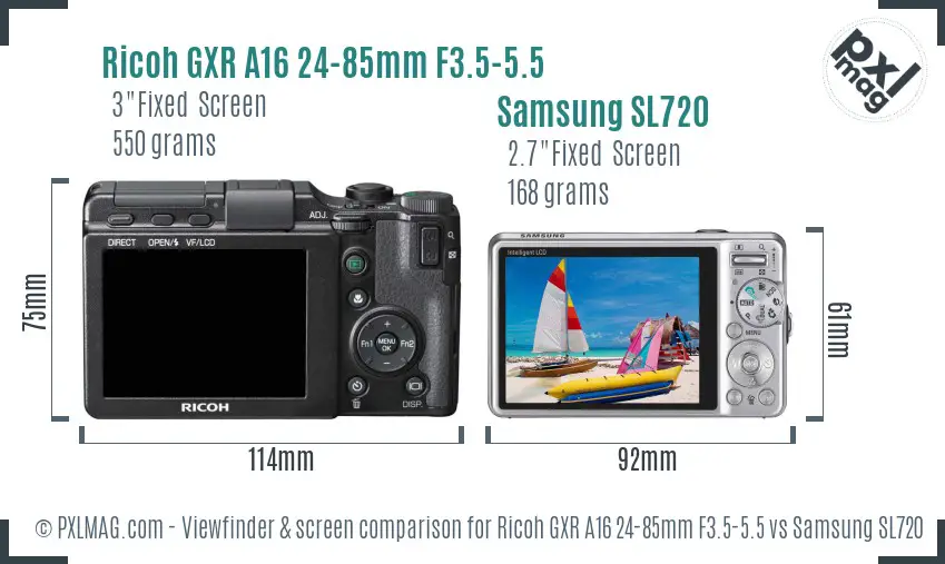 Ricoh GXR A16 24-85mm F3.5-5.5 vs Samsung SL720 Screen and Viewfinder comparison