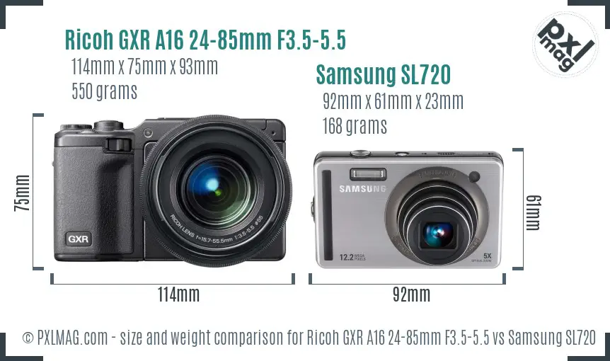Ricoh GXR A16 24-85mm F3.5-5.5 vs Samsung SL720 size comparison