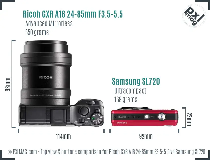 Ricoh GXR A16 24-85mm F3.5-5.5 vs Samsung SL720 top view buttons comparison