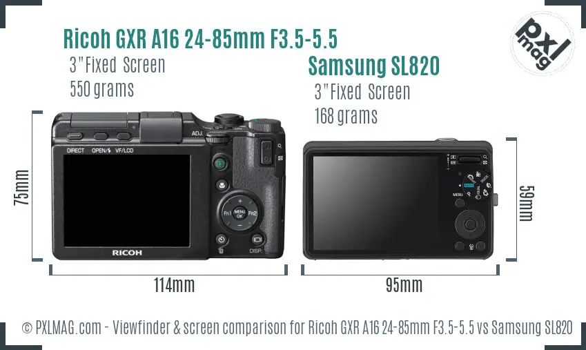 Ricoh GXR A16 24-85mm F3.5-5.5 vs Samsung SL820 Screen and Viewfinder comparison