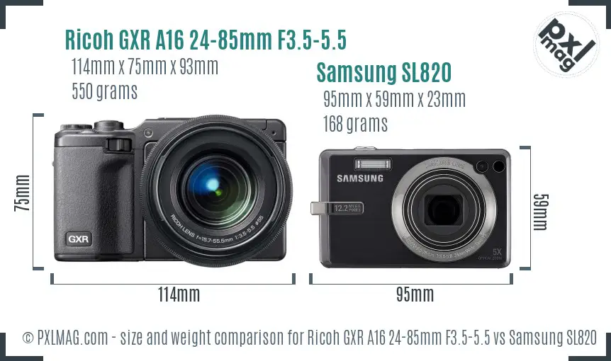 Ricoh GXR A16 24-85mm F3.5-5.5 vs Samsung SL820 size comparison