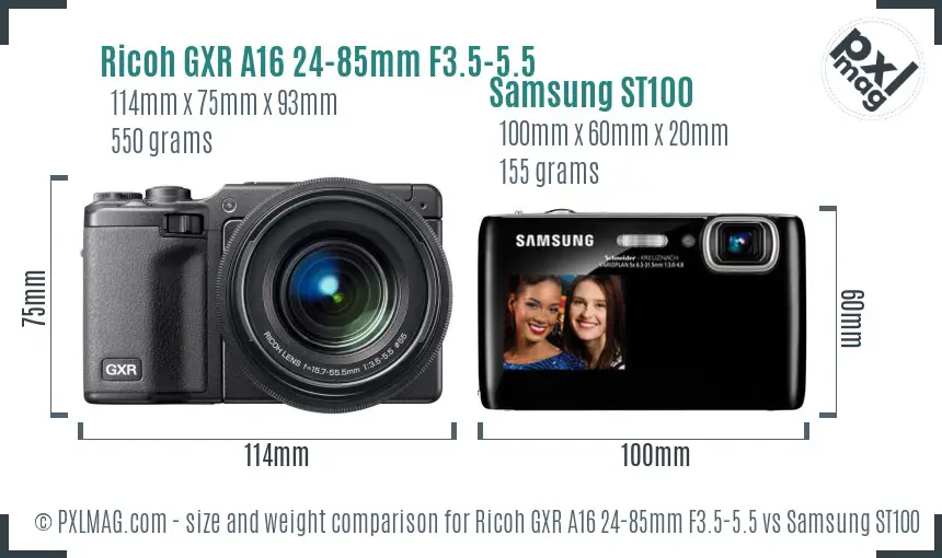 Ricoh GXR A16 24-85mm F3.5-5.5 vs Samsung ST100 size comparison