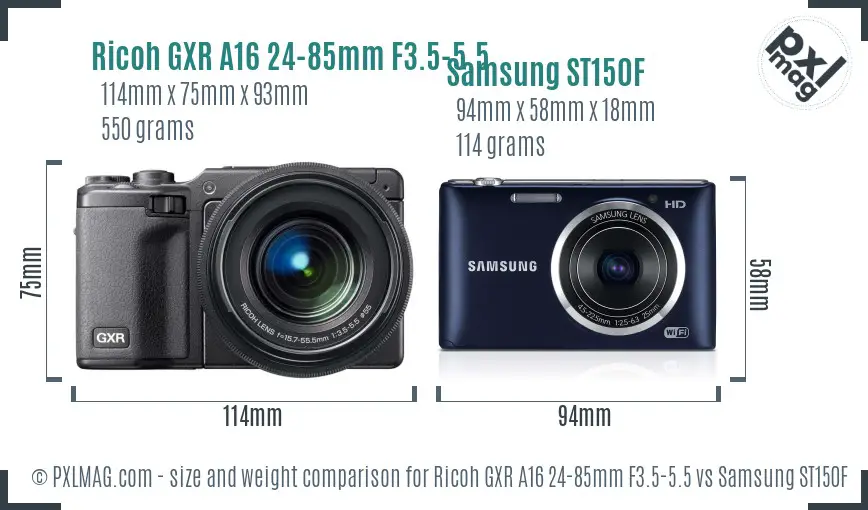 Ricoh GXR A16 24-85mm F3.5-5.5 vs Samsung ST150F size comparison