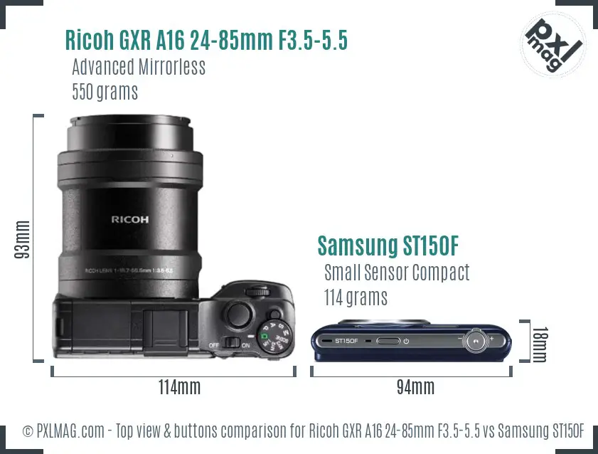 Ricoh GXR A16 24-85mm F3.5-5.5 vs Samsung ST150F top view buttons comparison