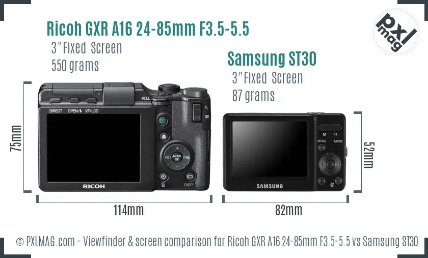 Ricoh GXR A16 24-85mm F3.5-5.5 vs Samsung ST30 Screen and Viewfinder comparison