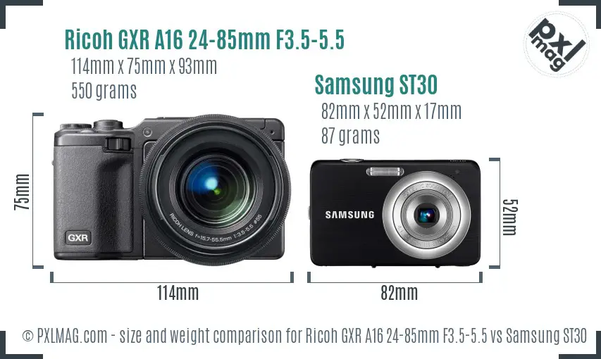 Ricoh GXR A16 24-85mm F3.5-5.5 vs Samsung ST30 size comparison
