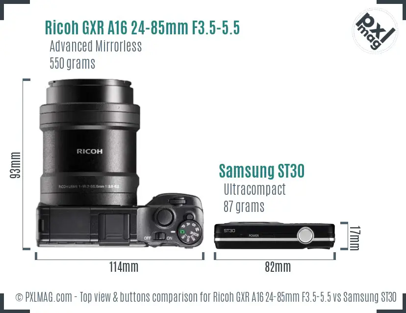 Ricoh GXR A16 24-85mm F3.5-5.5 vs Samsung ST30 top view buttons comparison