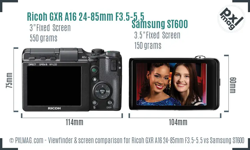 Ricoh GXR A16 24-85mm F3.5-5.5 vs Samsung ST600 Screen and Viewfinder comparison