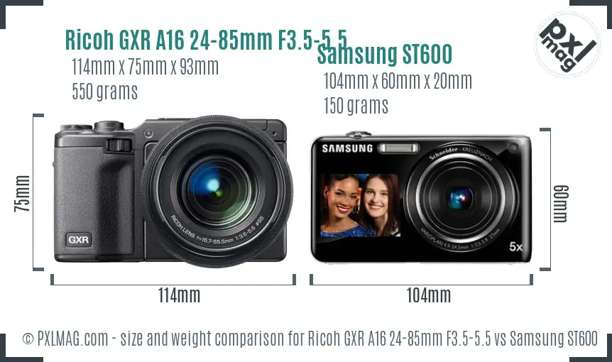 Ricoh GXR A16 24-85mm F3.5-5.5 vs Samsung ST600 size comparison