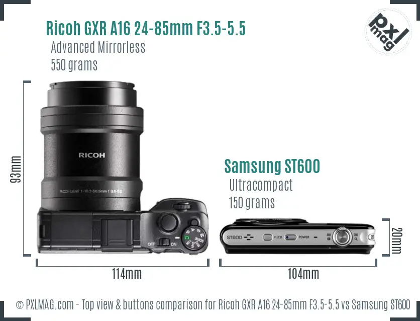 Ricoh GXR A16 24-85mm F3.5-5.5 vs Samsung ST600 top view buttons comparison