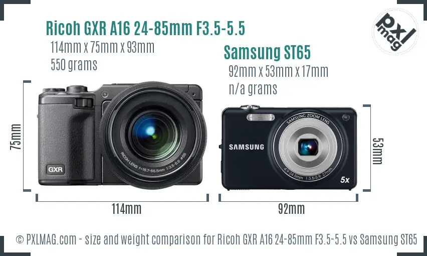 Ricoh GXR A16 24-85mm F3.5-5.5 vs Samsung ST65 size comparison