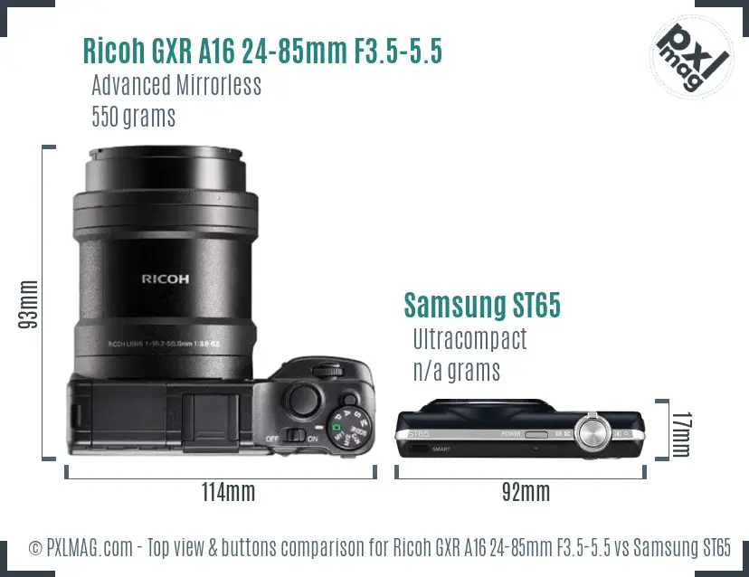 Ricoh GXR A16 24-85mm F3.5-5.5 vs Samsung ST65 top view buttons comparison