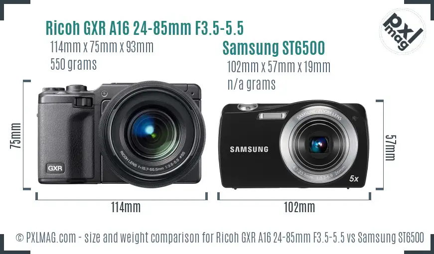 Ricoh GXR A16 24-85mm F3.5-5.5 vs Samsung ST6500 size comparison