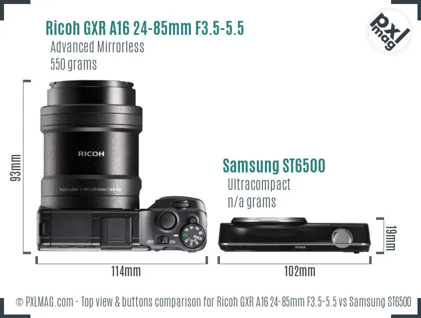Ricoh GXR A16 24-85mm F3.5-5.5 vs Samsung ST6500 top view buttons comparison