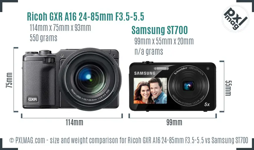 Ricoh GXR A16 24-85mm F3.5-5.5 vs Samsung ST700 size comparison