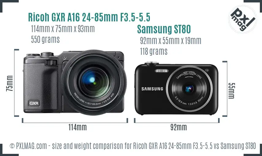 Ricoh GXR A16 24-85mm F3.5-5.5 vs Samsung ST80 size comparison