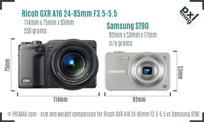 Ricoh GXR A16 24-85mm F3.5-5.5 vs Samsung ST90 size comparison