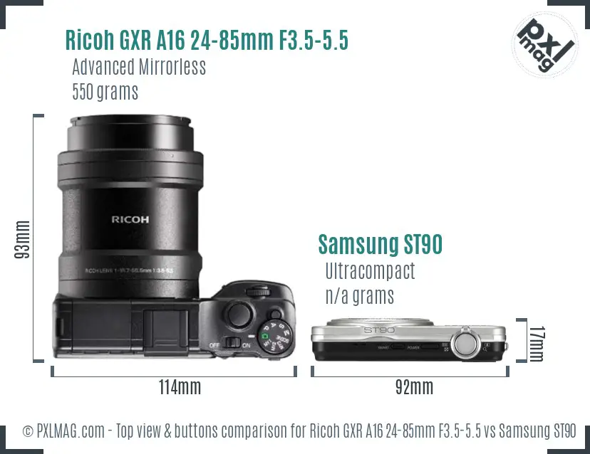 Ricoh GXR A16 24-85mm F3.5-5.5 vs Samsung ST90 top view buttons comparison