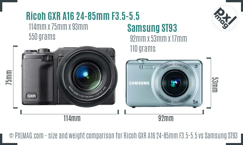 Ricoh GXR A16 24-85mm F3.5-5.5 vs Samsung ST93 size comparison Ricoh GXR A16 24-85mm F3.5-5.5 vs Samsung ST93 size comparison