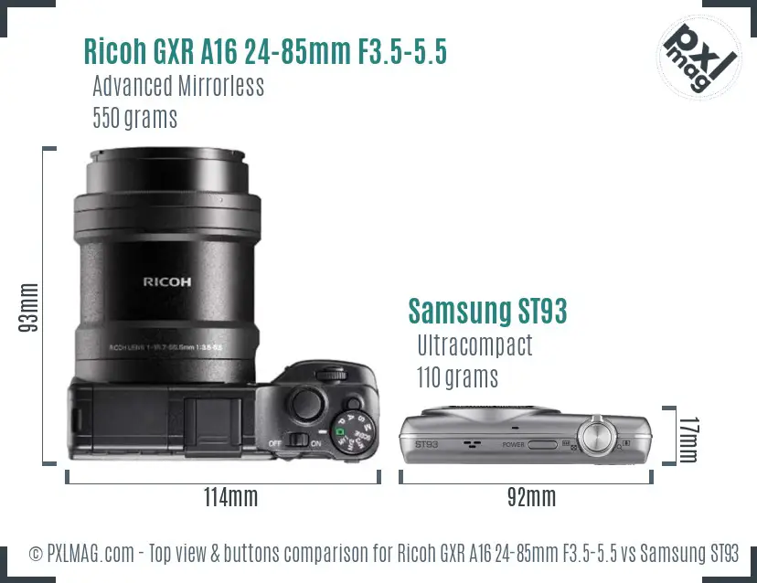 Ricoh GXR A16 24-85mm F3.5-5.5 vs Samsung ST93 top view buttons comparison Ricoh GXR A16 24-85mm F3.5-5.5 vs Samsung ST93 top view buttons comparison