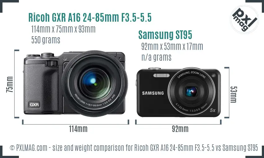 Ricoh GXR A16 24-85mm F3.5-5.5 vs Samsung ST95 size comparison Ricoh GXR A16 24-85mm F3.5-5.5 vs Samsung ST95 size comparison