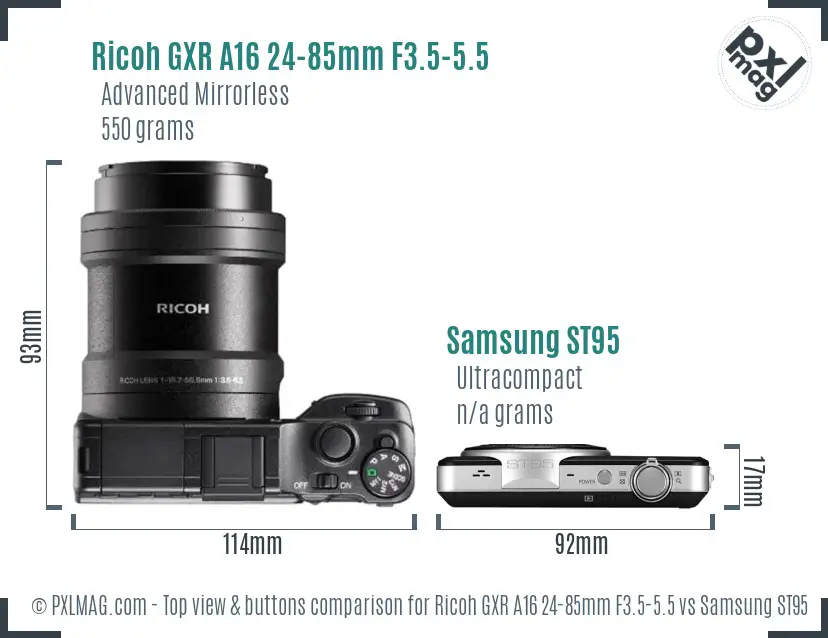 Ricoh GXR A16 24-85mm F3.5-5.5 vs Samsung ST95 top view buttons comparison Ricoh GXR A16 24-85mm F3.5-5.5 vs Samsung ST95 top view buttons comparison