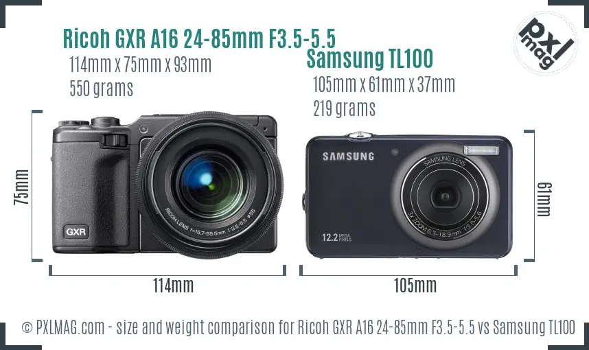 Ricoh GXR A16 24-85mm F3.5-5.5 vs Samsung TL100 size comparison