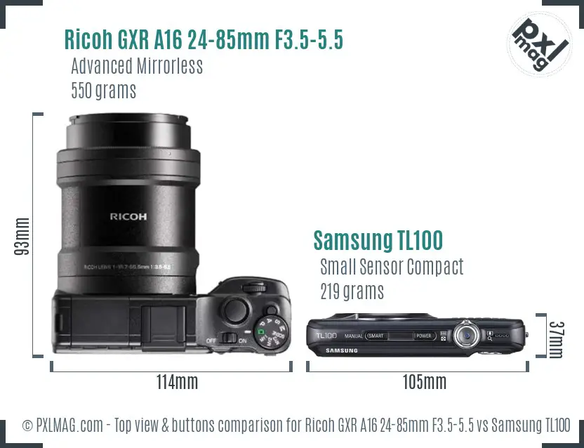 Ricoh GXR A16 24-85mm F3.5-5.5 vs Samsung TL100 top view buttons comparison