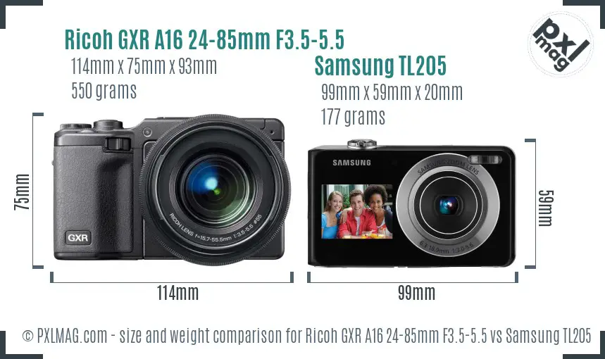 Ricoh GXR A16 24-85mm F3.5-5.5 vs Samsung TL205 size comparison