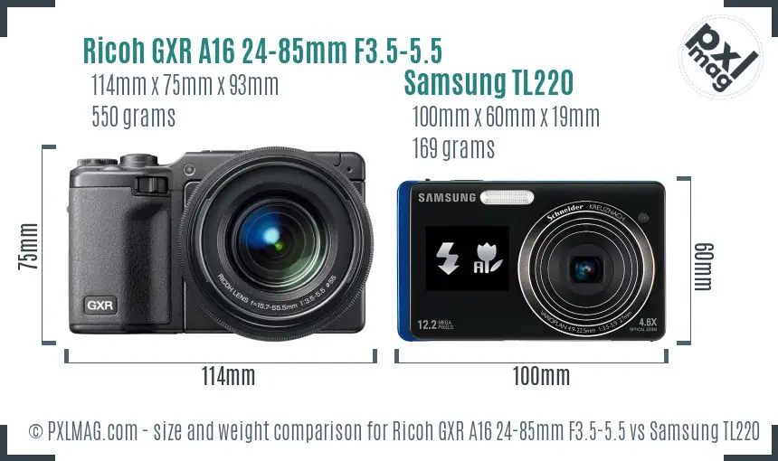 Ricoh GXR A16 24-85mm F3.5-5.5 vs Samsung TL220 size comparison