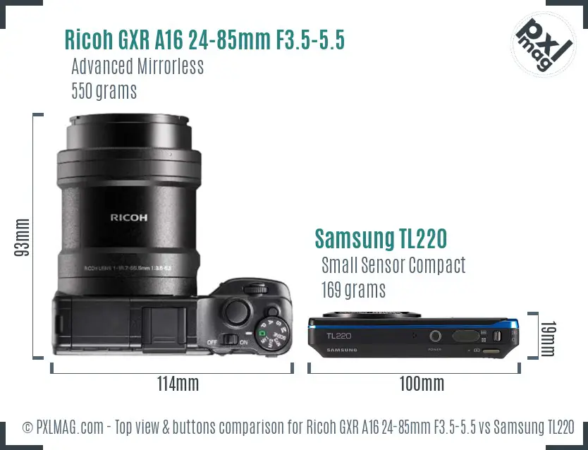 Ricoh GXR A16 24-85mm F3.5-5.5 vs Samsung TL220 top view buttons comparison