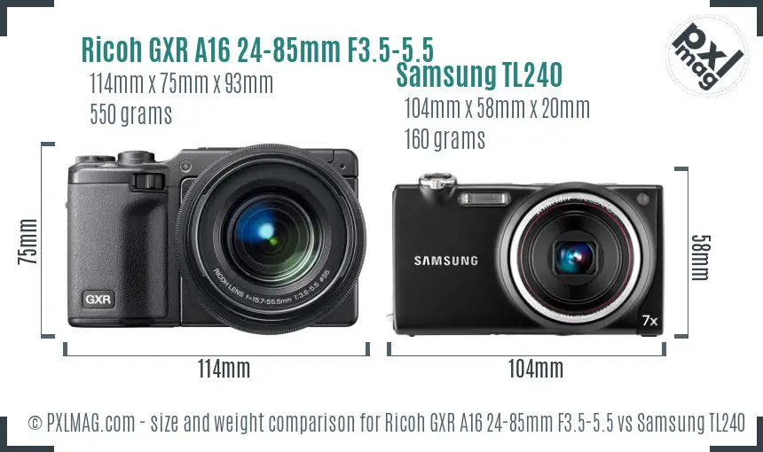 Ricoh GXR A16 24-85mm F3.5-5.5 vs Samsung TL240 size comparison