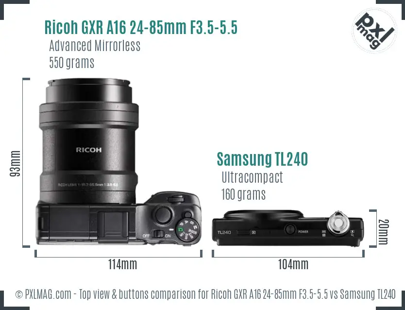 Ricoh GXR A16 24-85mm F3.5-5.5 vs Samsung TL240 top view buttons comparison