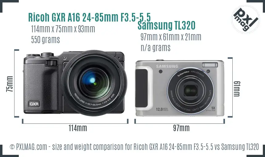Ricoh GXR A16 24-85mm F3.5-5.5 vs Samsung TL320 size comparison