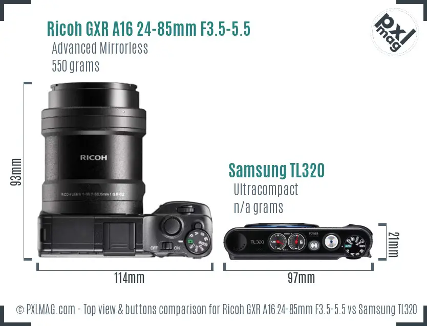 Ricoh GXR A16 24-85mm F3.5-5.5 vs Samsung TL320 top view buttons comparison