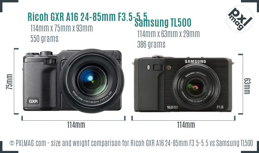 Ricoh GXR A16 24-85mm F3.5-5.5 vs Samsung TL500 size comparison